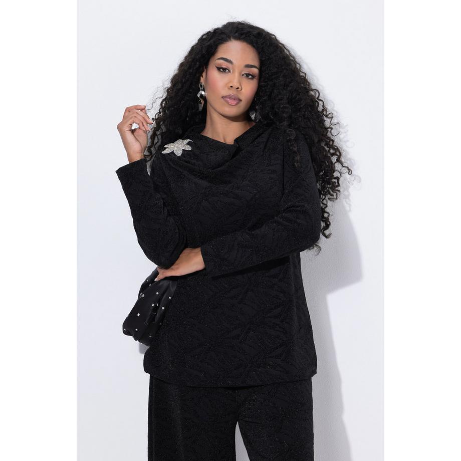 Ulla Popken Langarm Shirt mit Stehkragen Wasserfallausschnitt und Blüte  