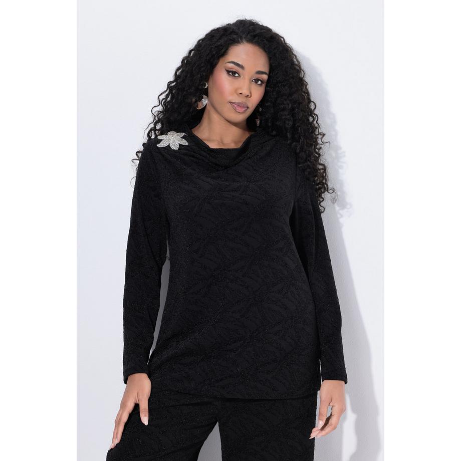 Ulla Popken Langarm Shirt mit Stehkragen Wasserfallausschnitt und Blüte  