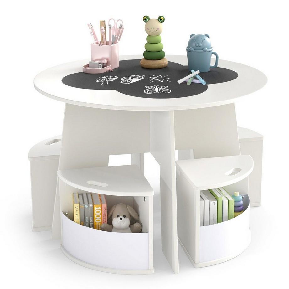 Northix  Ensemble table et chaises pour enfants, rond, 5 pièces, en bois, avec 4 tabourets de rangement, blanc 