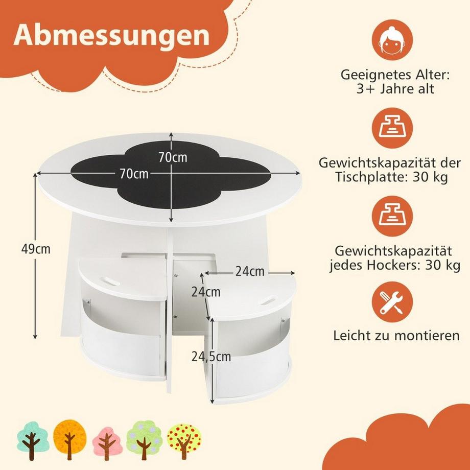 Northix  Ensemble table et chaises pour enfants, rond, 5 pièces, en bois, avec 4 tabourets de rangement, blanc 
