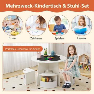 Ensemble table et chaises pour enfants, rond, 5 pièces, en bois, avec 4 tabourets de rangement, blanc