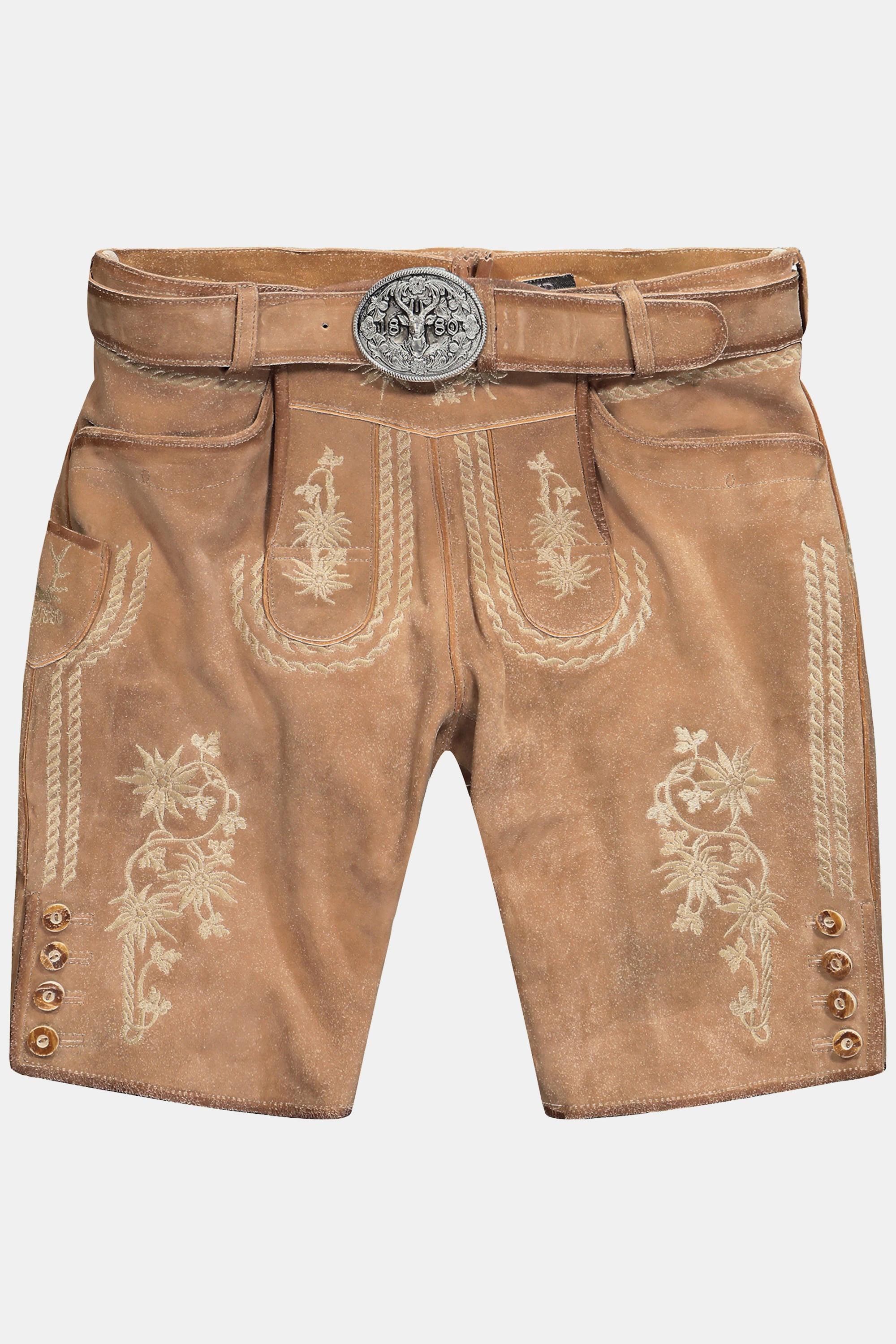 JP1880  Lederhosen in tradizionale stile Tracht in pelle di capra con ricami tradizionali e cintura di pelle in omaggio 