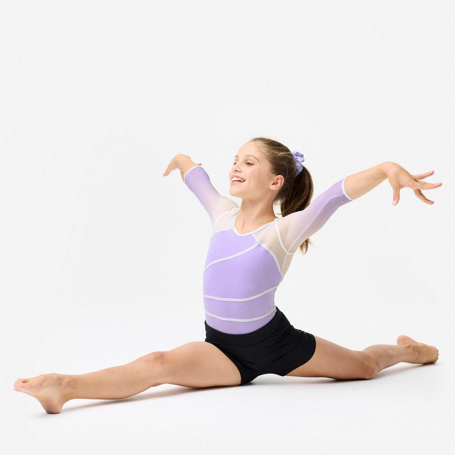 DOMYOS  Justaucorps de gym fille manches 3/4, violet lavande pailleté à strass 