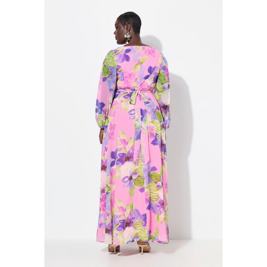 Ulla Popken Florales doppellagiges V-Ausschnitt Langarm Abendkleid  