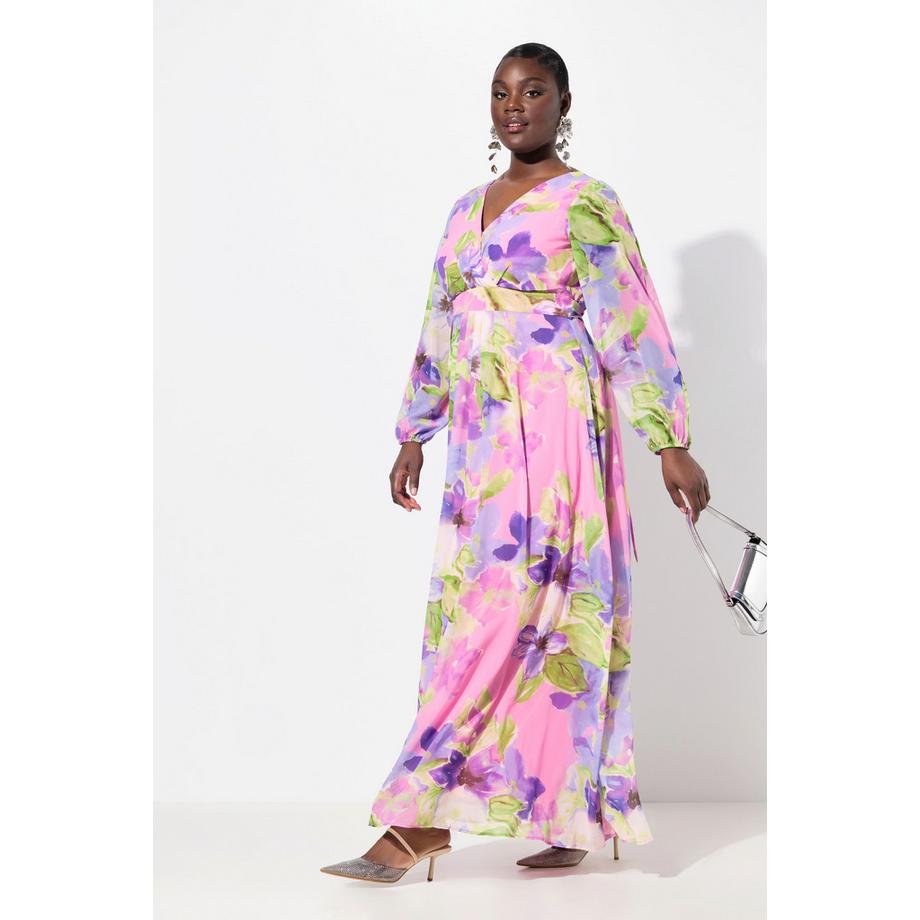 Ulla Popken Florales doppellagiges V-Ausschnitt Langarm Abendkleid  