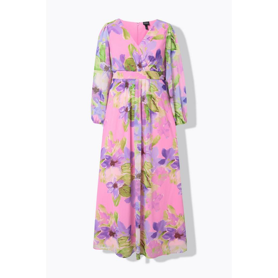 Ulla Popken Florales doppellagiges V-Ausschnitt Langarm Abendkleid  