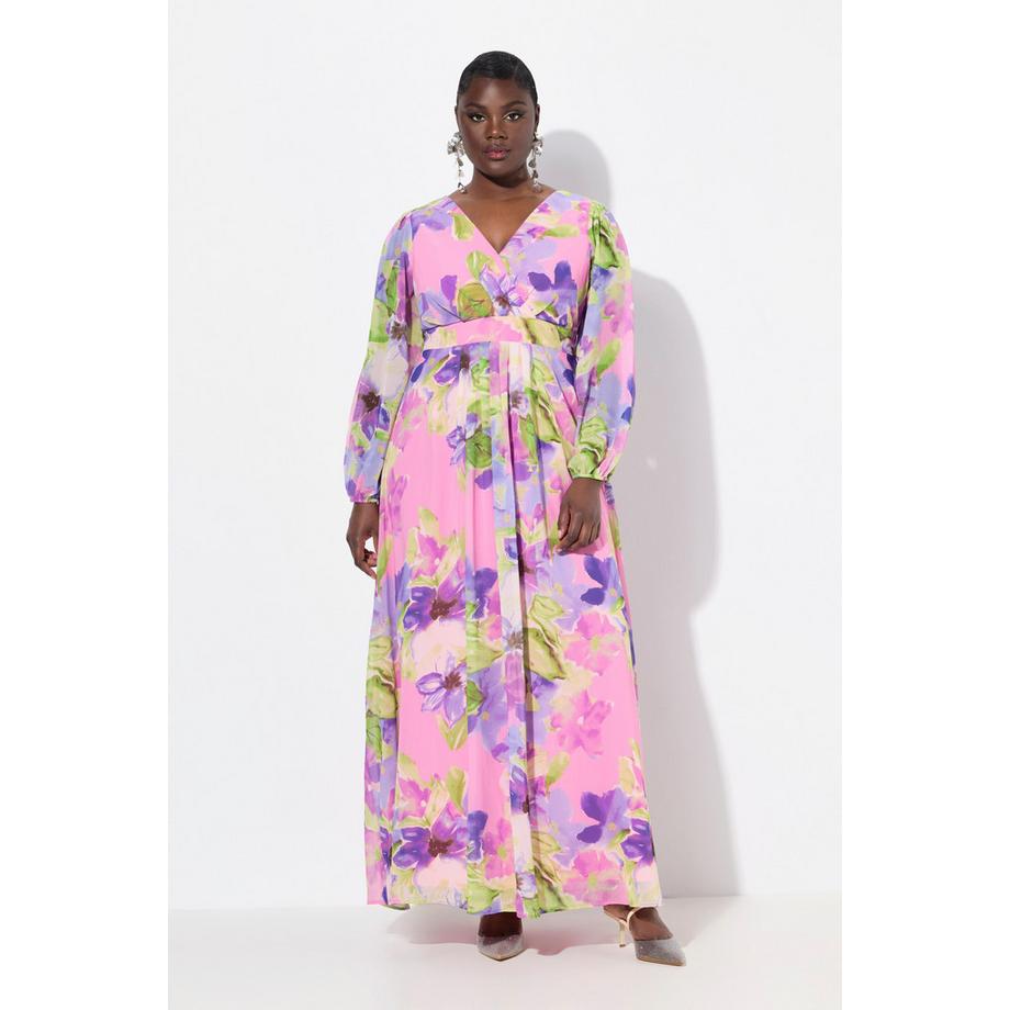 Ulla Popken Florales doppellagiges V-Ausschnitt Langarm Abendkleid  