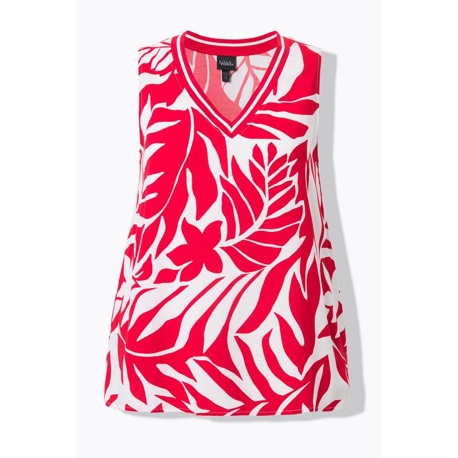 Ulla Popken Blouse sans manches Coupe Évasée Motif Feuilles Décolleté V  