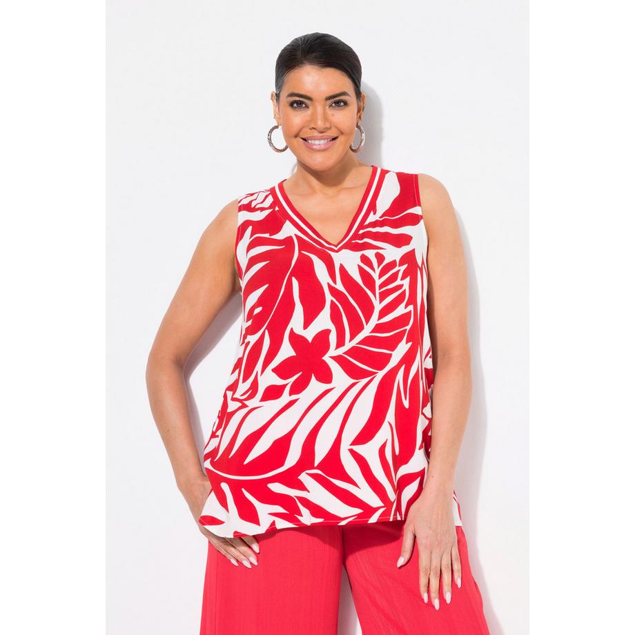 Ulla Popken Blouse sans manches Coupe Évasée Motif Feuilles Décolleté V  