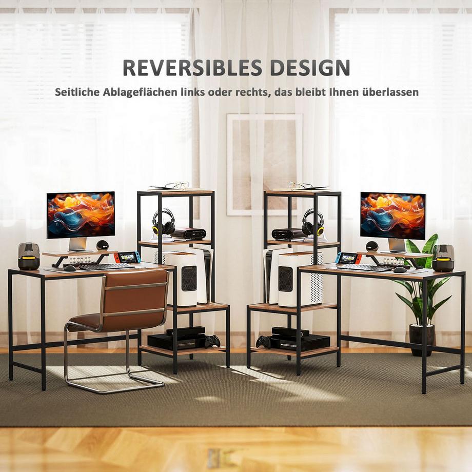 Northio Tavolo da scrivania per computer con supporto per monitor, supporto per CPU, tavolo da ufficio con ripiano per stampante, tavolo per PC con 4 ripiani, design moderno per l'home office, 150 x 48 x 125 cm, marrone  