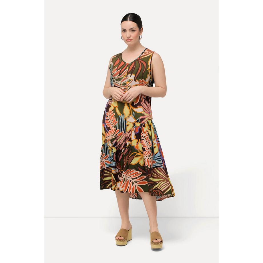 Ulla Popken Blätter Print Ärmelloses V-Ausschnitt Kleid mit Volantsaum  