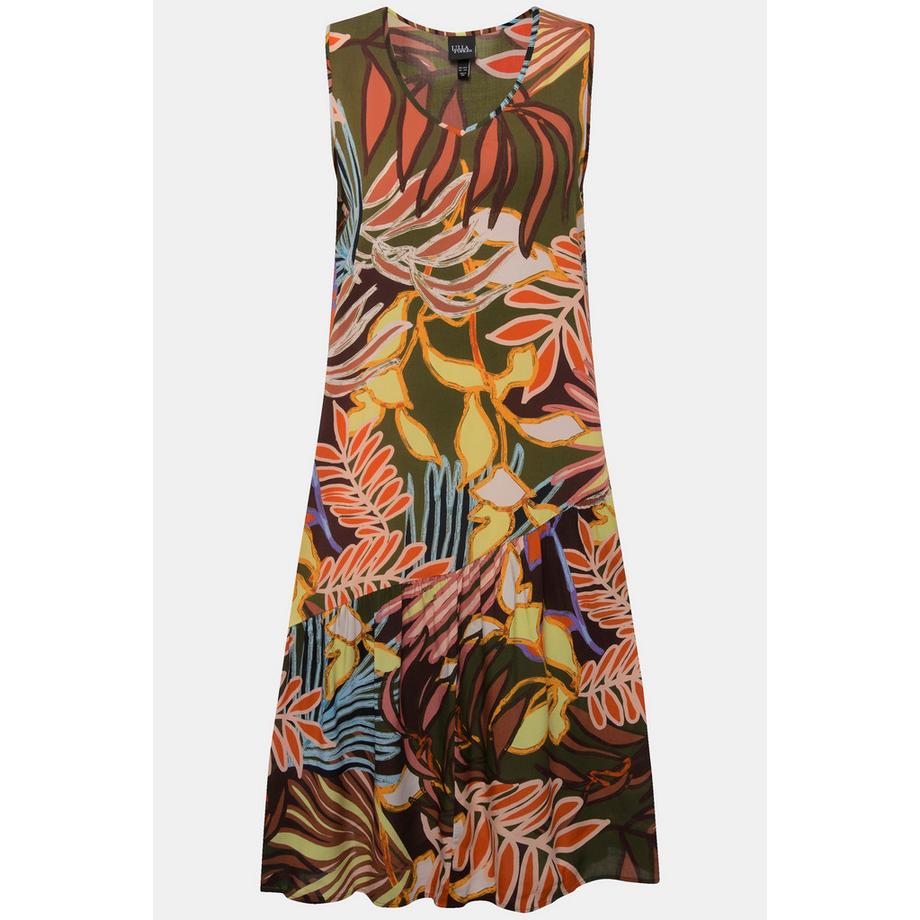 Ulla Popken Blätter Print Ärmelloses V-Ausschnitt Kleid mit Volantsaum  