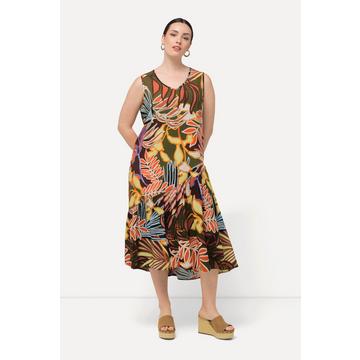 Robe sans manches à imprimé feuilles. Décolleté en V et volant sur la base