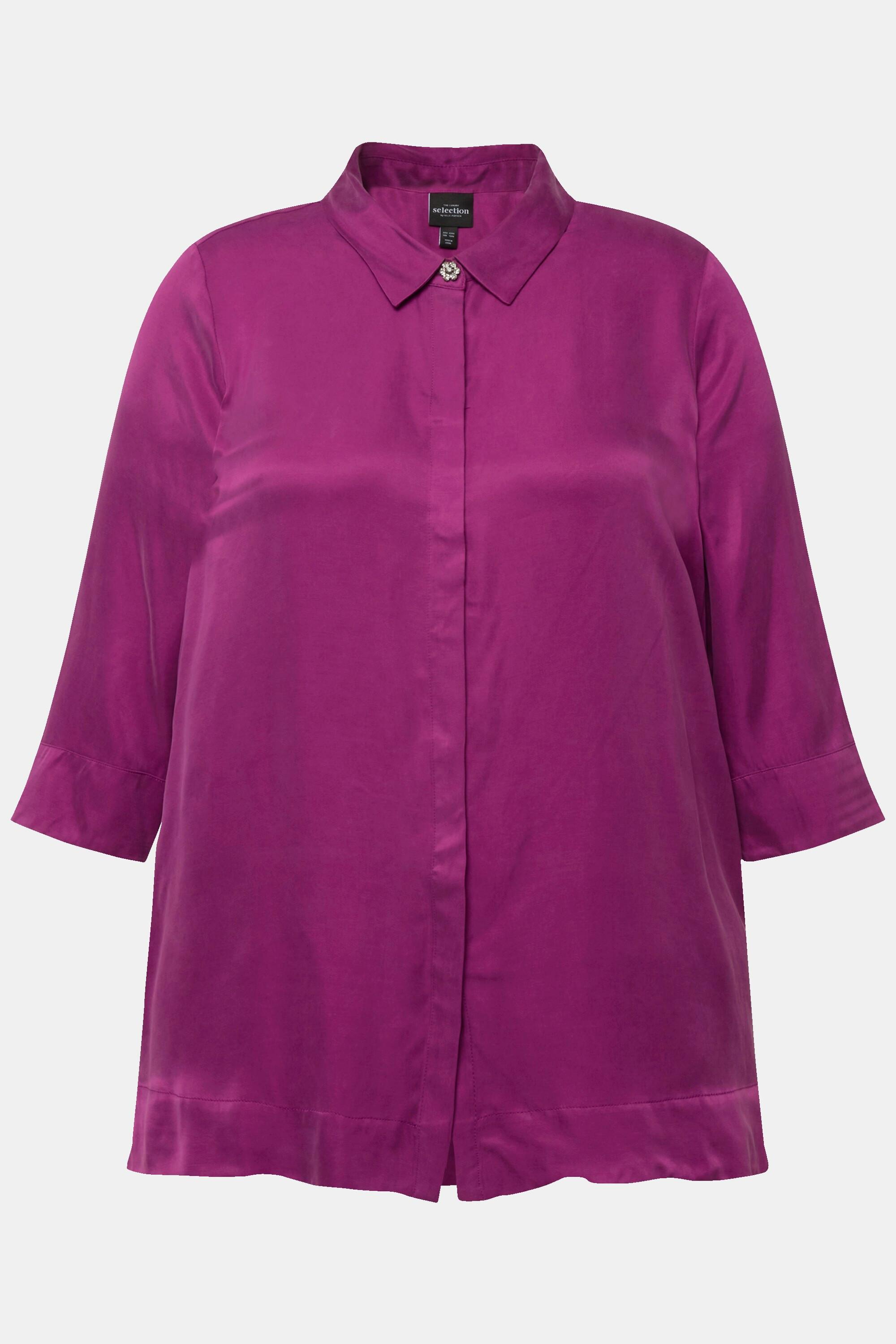 Ulla Popken  Bluse, Cupromix, Boxy, Hemdkragen, 3/4-Arm 