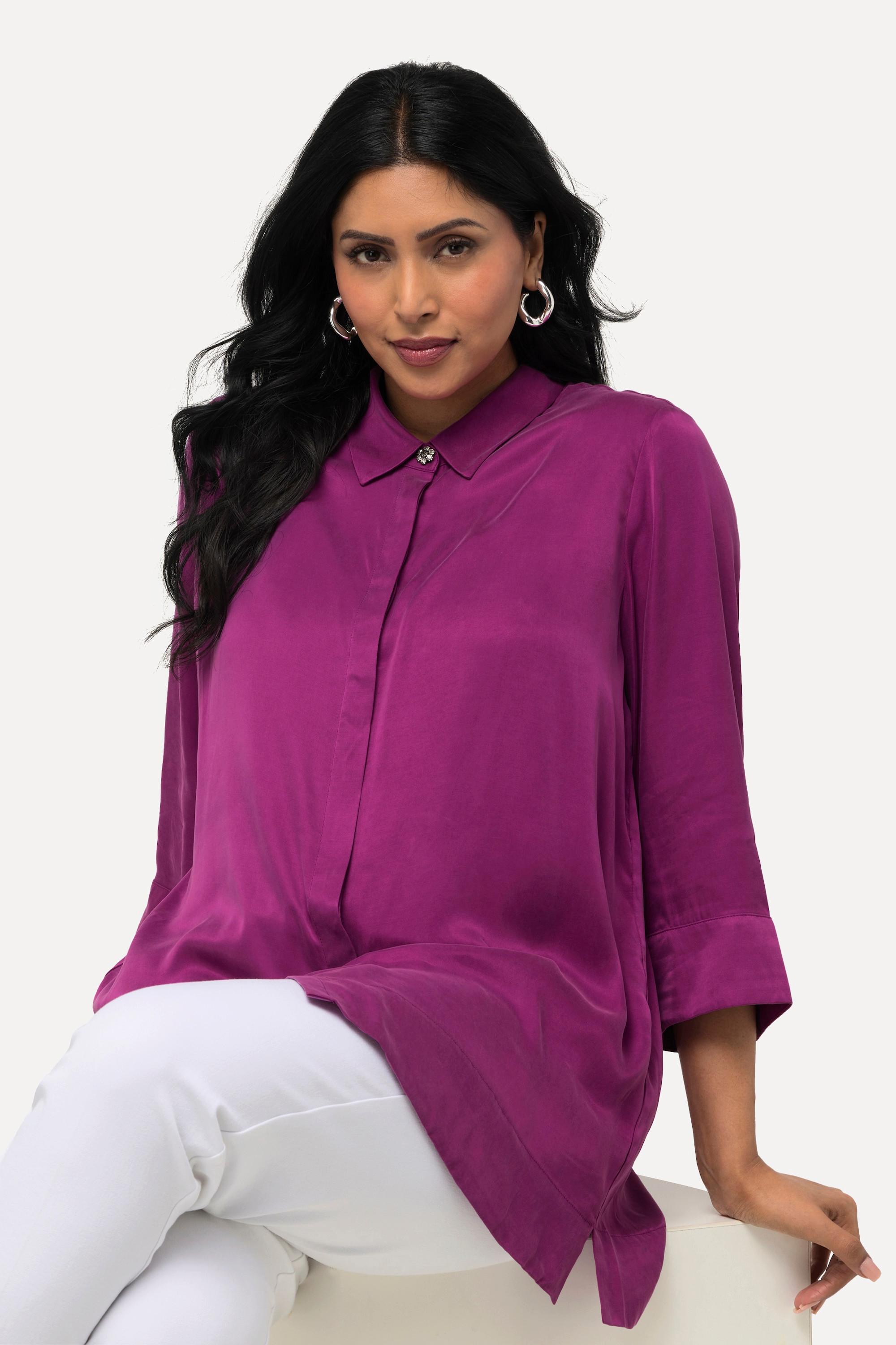 Ulla Popken  Bluse, Cupromix, Boxy, Hemdkragen, 3/4-Arm 