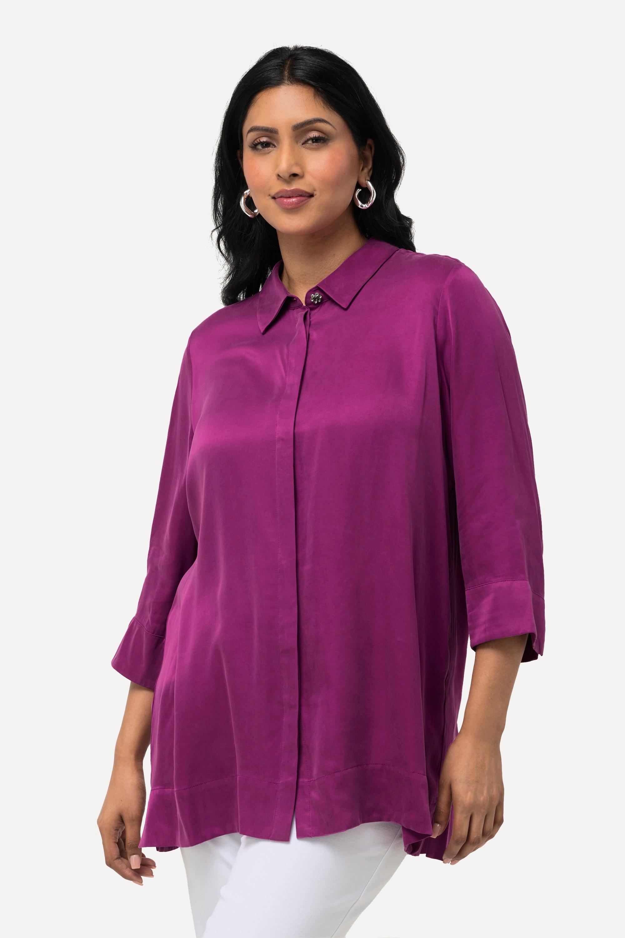 Ulla Popken  Bluse, Cupromix, Boxy, Hemdkragen, 3/4-Arm 