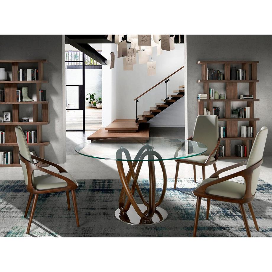 ANGEL CERDA Table à manger ronde verre trempé et noyer  