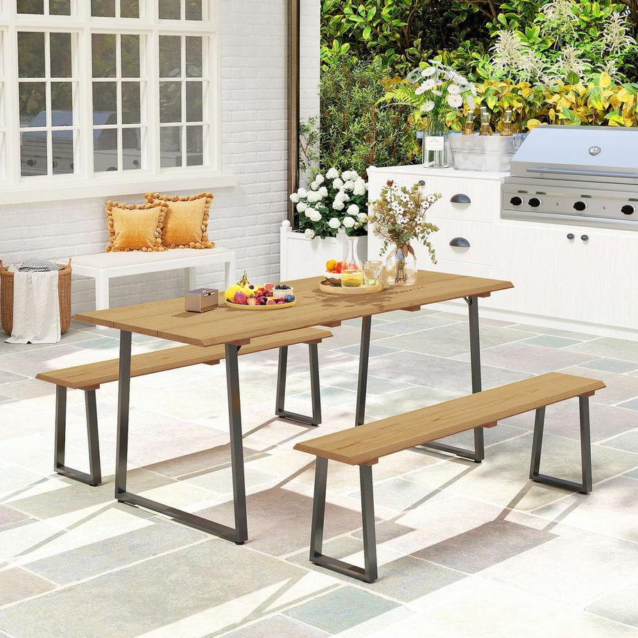 Northio Sitzgruppe 3-teilig Holz Essgruppe für 6 Personen Esstisch mit 2 Bänke Schirmloch Esszimmergruppe mit Holztisch Küchentisch-Set Balkonmöbel Gartenmöbel für Terrasse, Balkon Naturholz |  