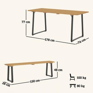 Northio Gruppo da pranzo in legno da 3 pezzi per 6 persone, tavolo da pranzo con 2 panche, foro per ombrellone, gruppo da pranzo con tavolo in legno, set tavolo da cucina, mobili da balcone, mobili da giardino per terrazza, balcone, legno naturale  