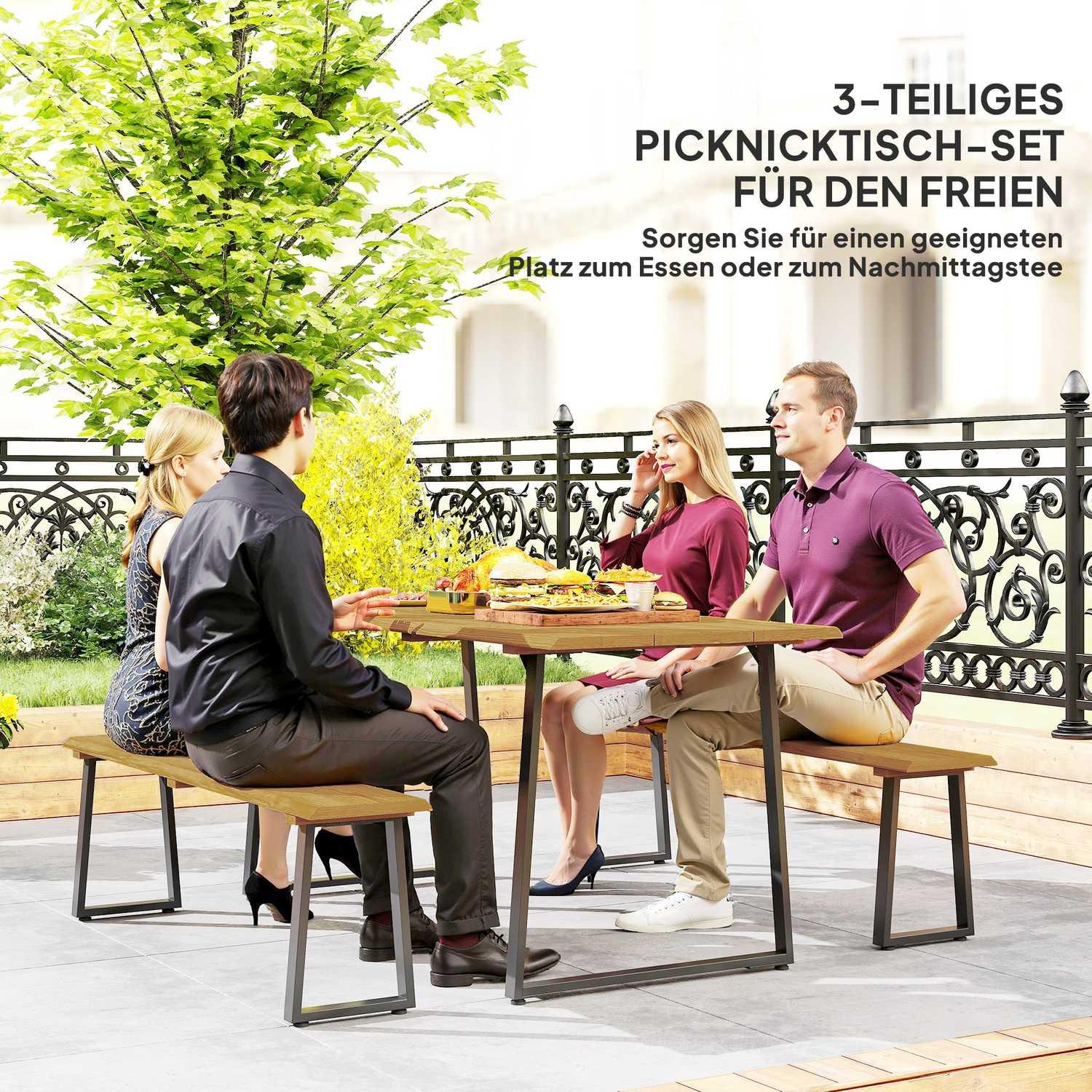 Northio Gruppo da pranzo in legno da 3 pezzi per 6 persone, tavolo da pranzo con 2 panche, foro per ombrellone, gruppo da pranzo con tavolo in legno, set tavolo da cucina, mobili da balcone, mobili da giardino per terrazza, balcone, legno naturale  