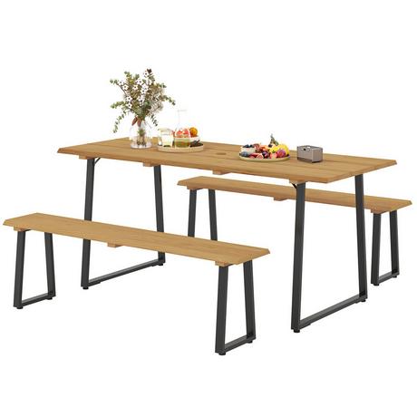 Northio Gruppo da pranzo in legno da 3 pezzi per 6 persone, tavolo da pranzo con 2 panche, foro per ombrellone, gruppo da pranzo con tavolo in legno, set tavolo da cucina, mobili da balcone, mobili da giardino per terrazza, balcone, legno naturale  