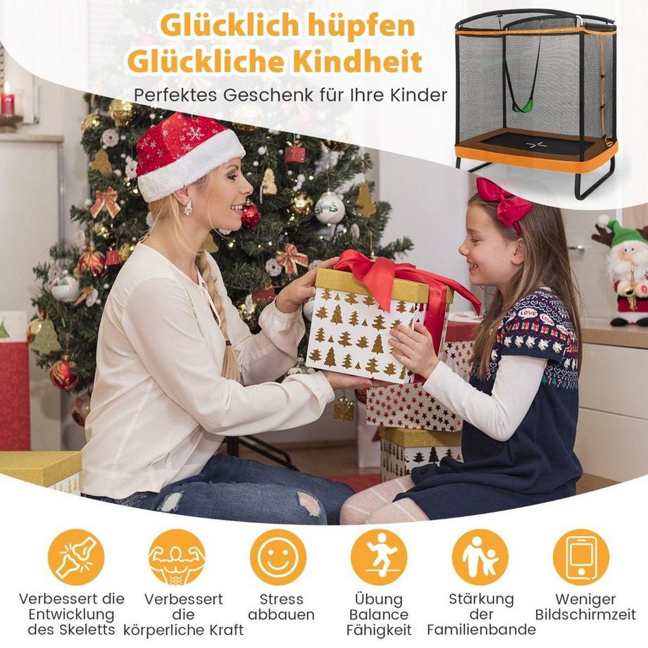 B2X  Trampoline pour enfants 2 en 1 avec balançoire, filet de sécurité et couvre-bord orange 