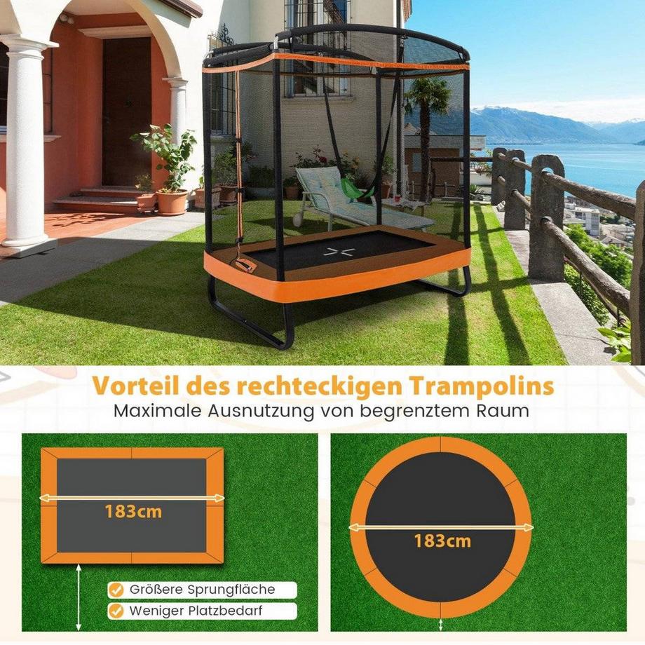 B2X  Trampoline pour enfants 2 en 1 avec balançoire, filet de sécurité et couvre-bord orange 