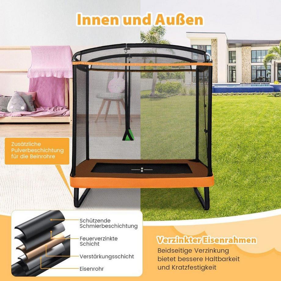 B2X  Trampoline pour enfants 2 en 1 avec balançoire, filet de sécurité et couvre-bord orange 