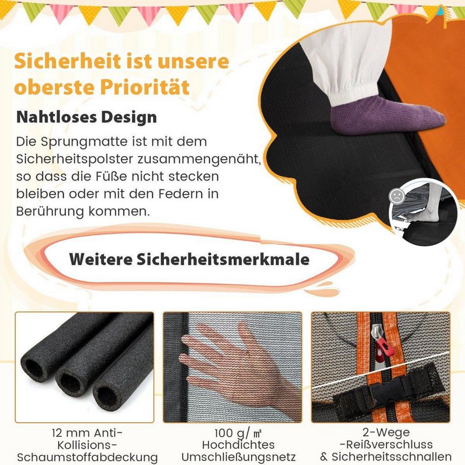B2X  Trampoline pour enfants 2 en 1 avec balançoire, filet de sécurité et couvre-bord orange 