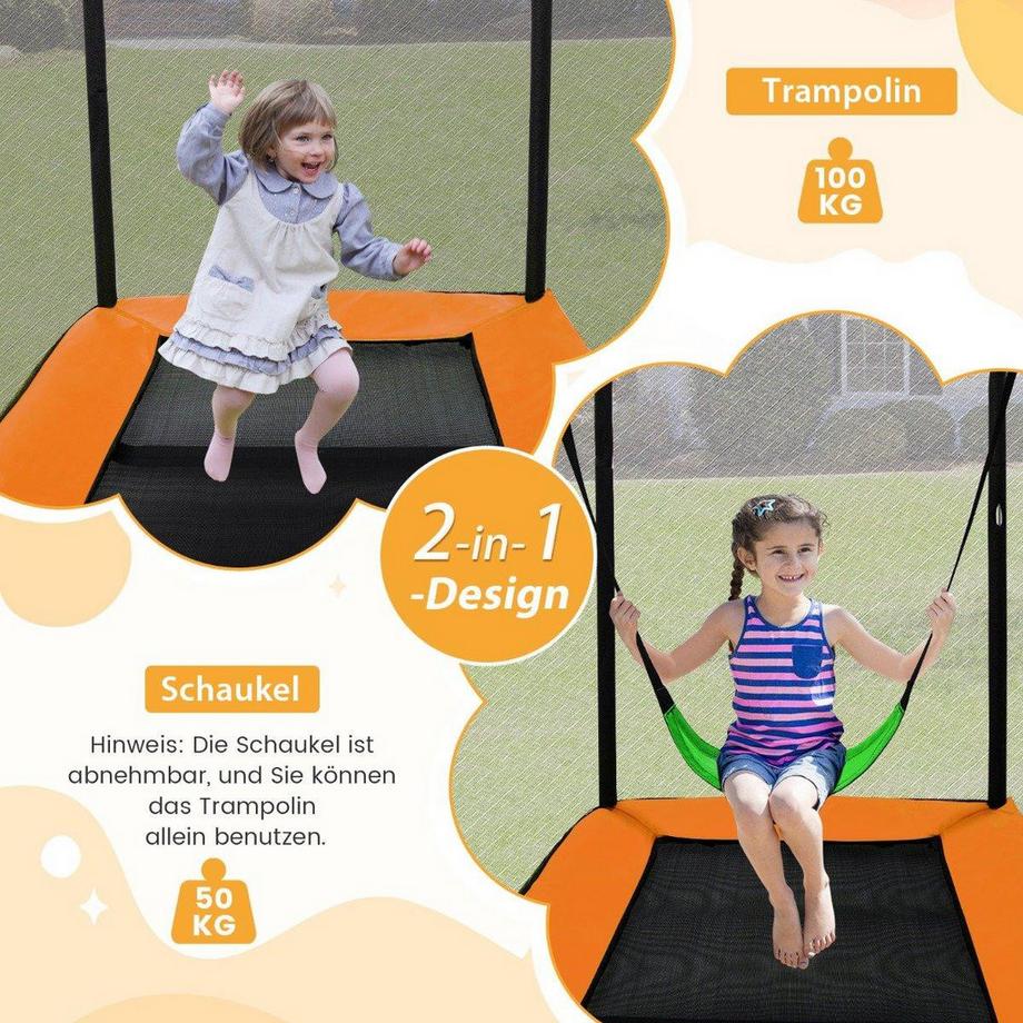 B2X  Trampoline pour enfants 2 en 1 avec balançoire, filet de sécurité et couvre-bord orange 