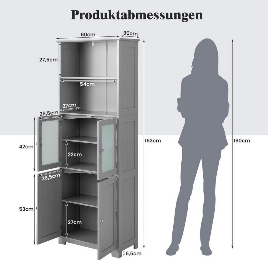 Northio 163 cm hoher Badezimmerschrank freistehender Vorratsschrank mit Glastüren & verstellbaren Regalen Grau  
