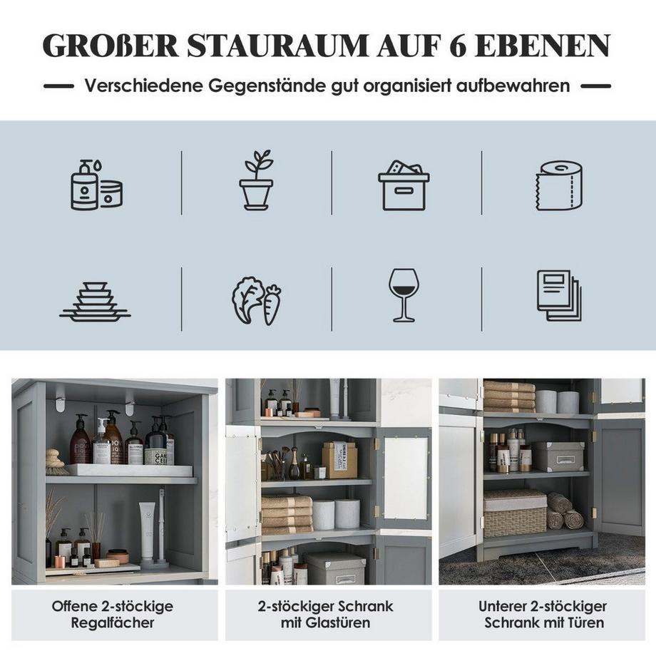 Northio 163 cm hoher Badezimmerschrank freistehender Vorratsschrank mit Glastüren & verstellbaren Regalen Grau  