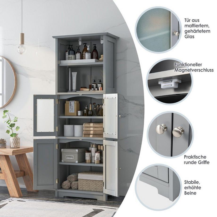 Northio 163 cm hoher Badezimmerschrank freistehender Vorratsschrank mit Glastüren & verstellbaren Regalen Grau  