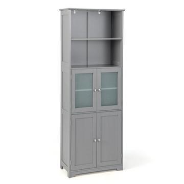 Meuble de salle de bain de 163 cm de haut, meuble de rangement autoportant avec portes en verre et étagères réglables, gris