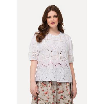 Blusa con pizzo traforato, scollo a girocollo e mezze maniche