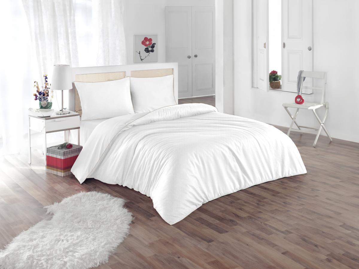 Vente-unique Parure de lit percale de coton  80 fils/cm² - Housse de couette 240 x 260 cm + 2 taies d'oreiller 63 x 63 cm - Blanc passepoil beige- AGAMI de PALACIO  