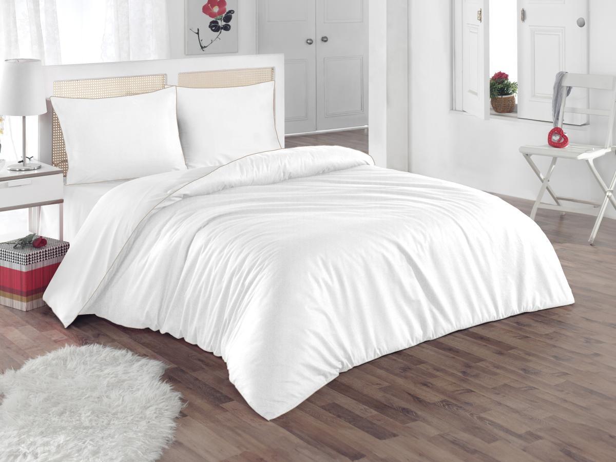 Vente-unique Parure de lit percale de coton  80 fils/cm² - Housse de couette 240 x 260 cm + 2 taies d'oreiller 63 x 63 cm - Blanc passepoil beige- AGAMI de PALACIO  