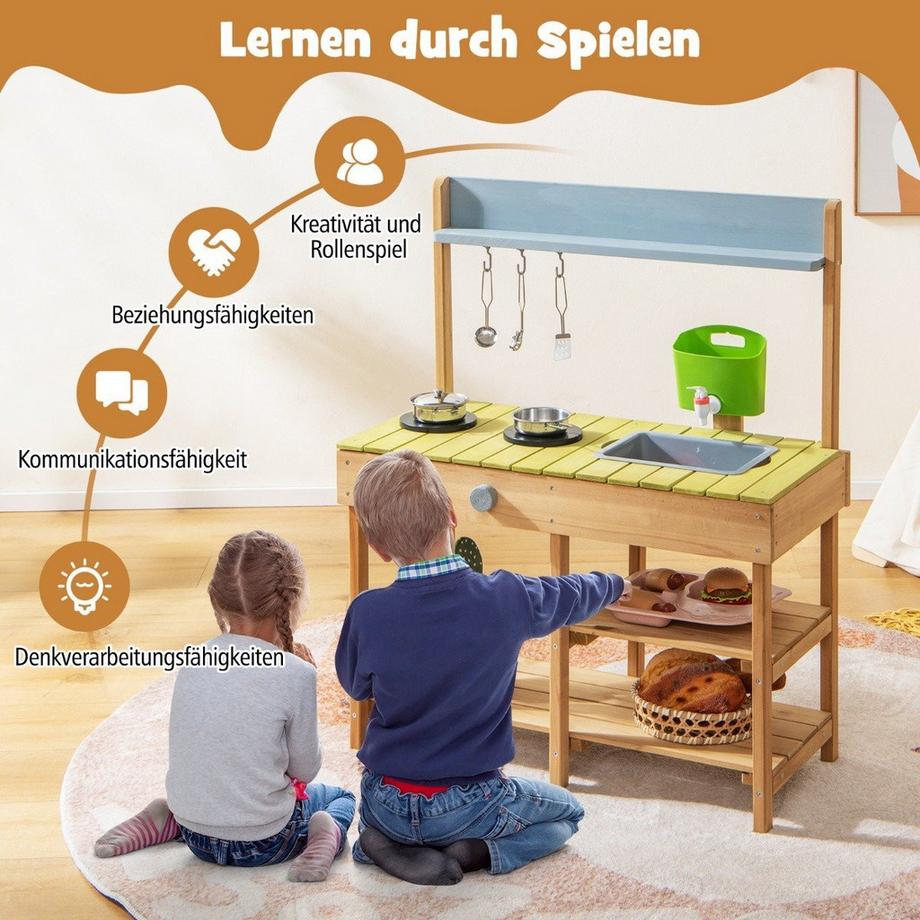 Northix  Outdoor Kinder Matschküche mit Wasserfunktion & Haken & Abnehmbarem Regal Spielküche 