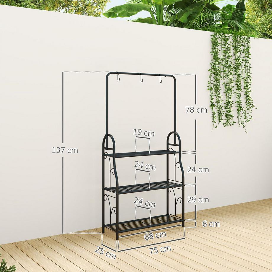 Northio 3-Etagen Pflanzenständer mit Hängestange, Haken, Blumenständer für Innen, Pflanzenregal aus Metall, mehrstöckig Blumenregal, 137cm hoch Blumentreppe für Wohnzimmer, Garten Balkon, Schwarz Aosom  