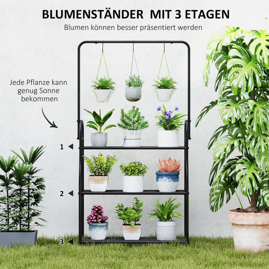 Northio 3-Etagen Pflanzenständer mit Hängestange, Haken, Blumenständer für Innen, Pflanzenregal aus Metall, mehrstöckig Blumenregal, 137cm hoch Blumentreppe für Wohnzimmer, Garten Balkon, Schwarz Aosom  