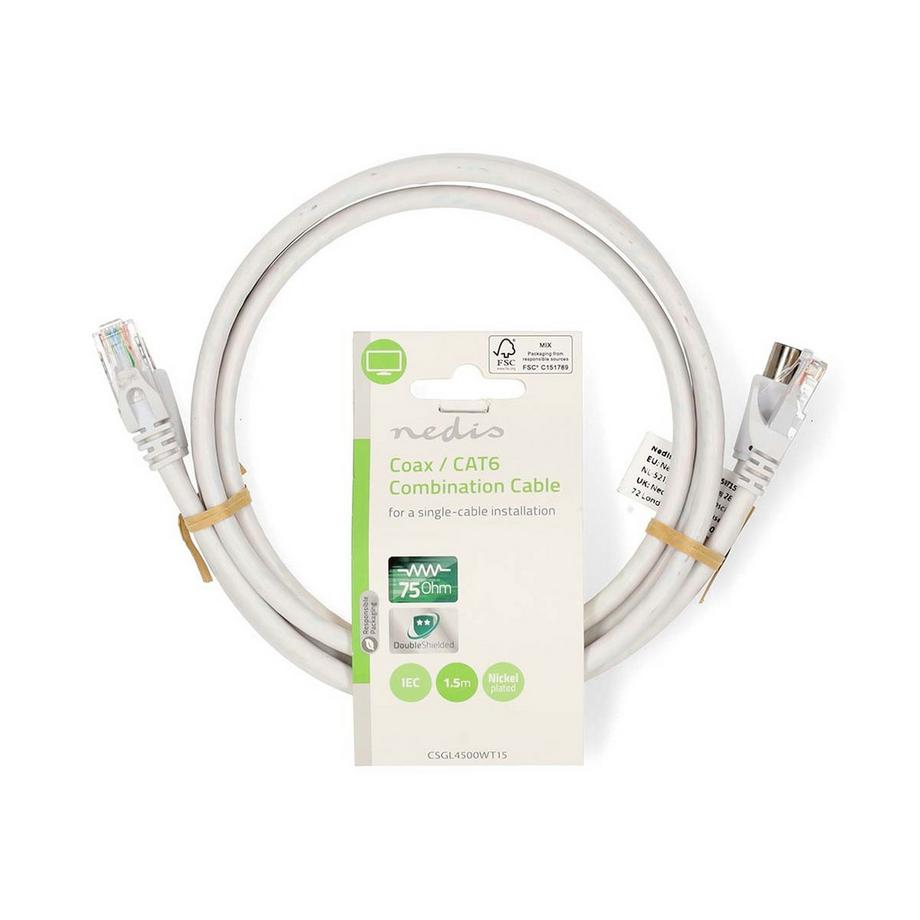 Nedis  Koax & Cat6 Kombi Kabel | IEC (Koax) Stecker / RJ45 Stecker | IEC (Koax) Buchse / RJ45 Stecker | Vernickelt | RG58 | 75 Ohm | Doppelt geschirmt | 1,50 m | Rund | PVC | Weiß | Etikett 