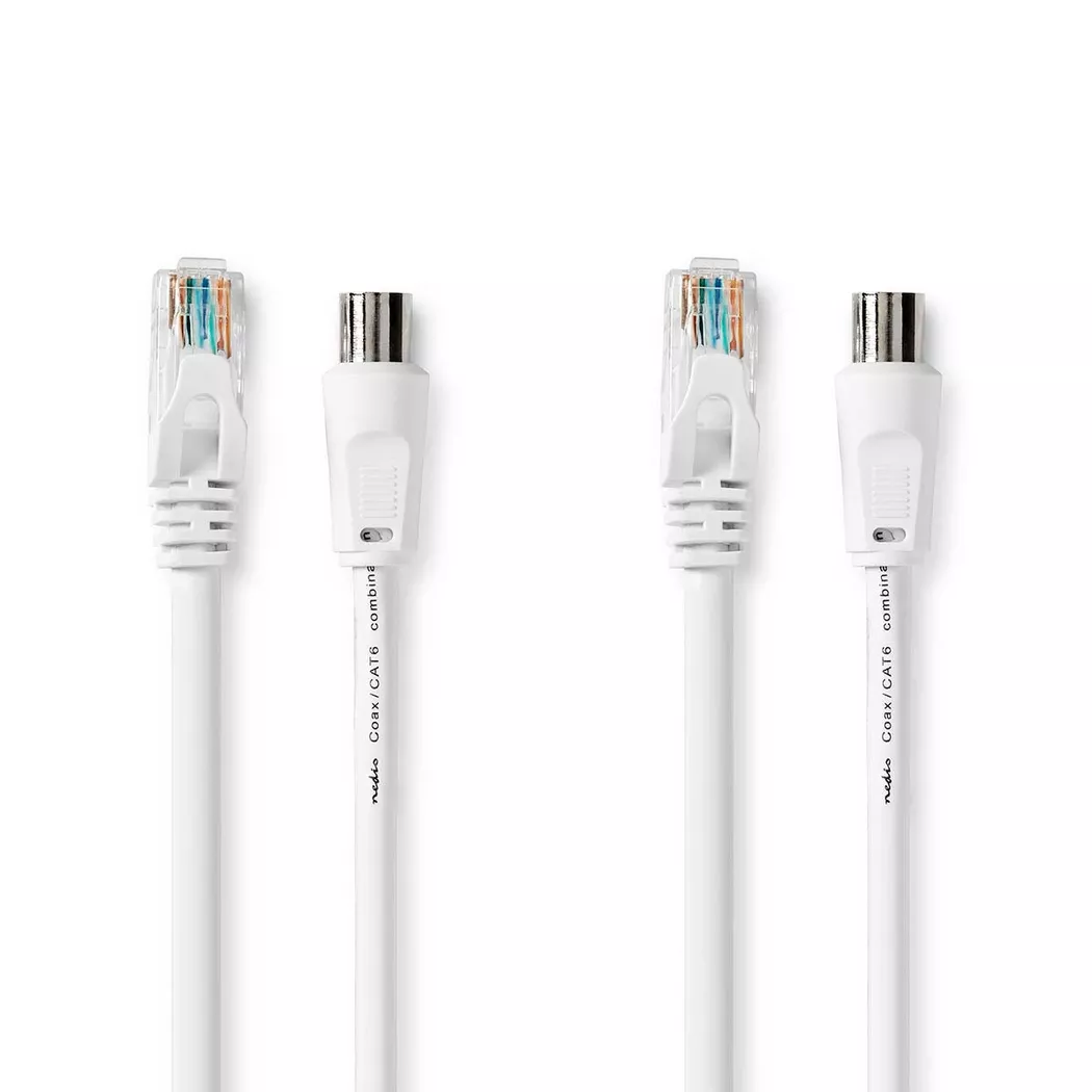 Nedis – Koax & Cat6 Kombi Kabel | IEC (Koax) Stecker / RJ45 Buchse Vernickelt RG58 75 Ohm Doppelt geschirmt 1,50 m Rund PVC Weiß Etikett, 1,5 Meter