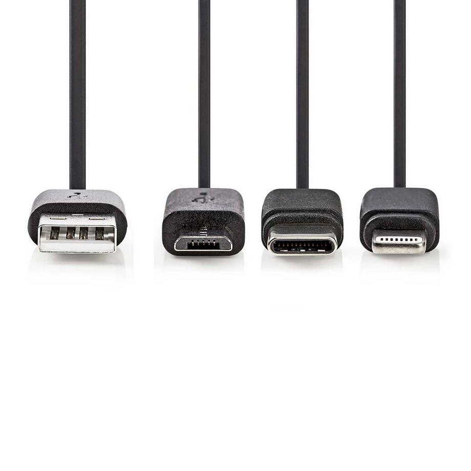 Nedis  3 in 1 Kabel | USB 2.0 | USB-A Stecker | Apple Lightning, 8-polig / USB Micro-B Stecker / USB-C™ Stecker | 480 Mbps | 1,00 m | Vernickelt | Rund | PVC | Schwarz | Etikett 