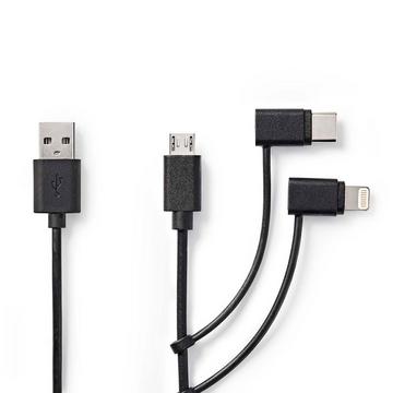 Câble 3 en 1 | USB 2.0 | USB-A mâle | Apple Lightning, 8 broches / USB Micro-B mâle / USB-C™ mâle | 480 Mbps | 1,00 m | Nickelé | Rond | PVC | Noir | Label