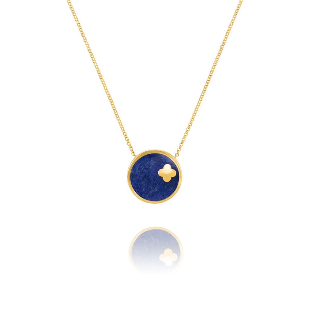 Charles Garnier  LEGENDE-Halskette mit rundem Anhänger und Kleeblatt aus Goldsilber und Lapislazuli 