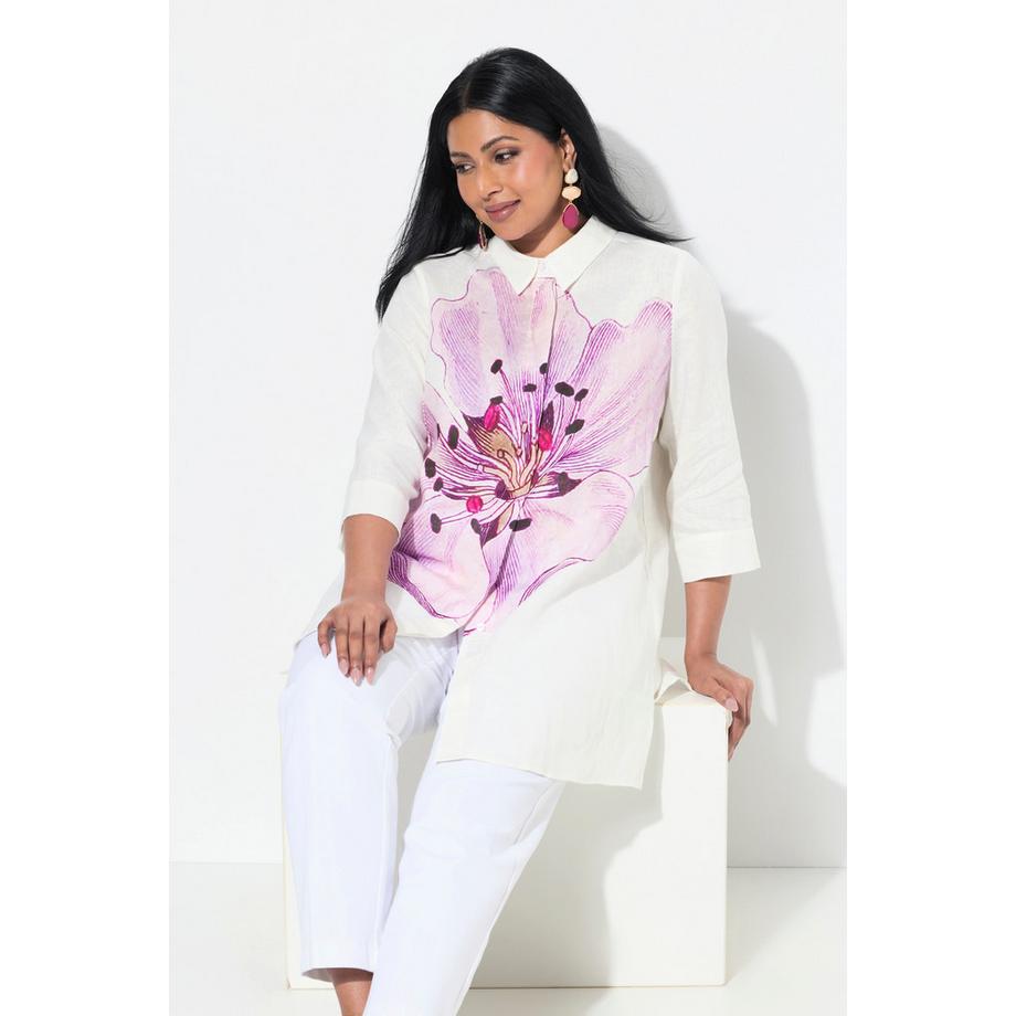 Ulla Popken Blusa Lino A-Line Fiori Colletto Camicia Maniche 3/4  
