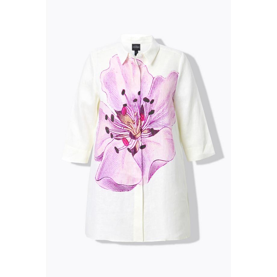 Ulla Popken Blusa Lino A-Line Fiori Colletto Camicia Maniche 3/4  
