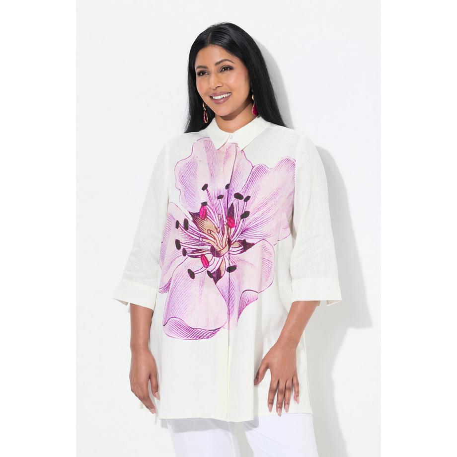 Ulla Popken Blusa Lino A-Line Fiori Colletto Camicia Maniche 3/4  