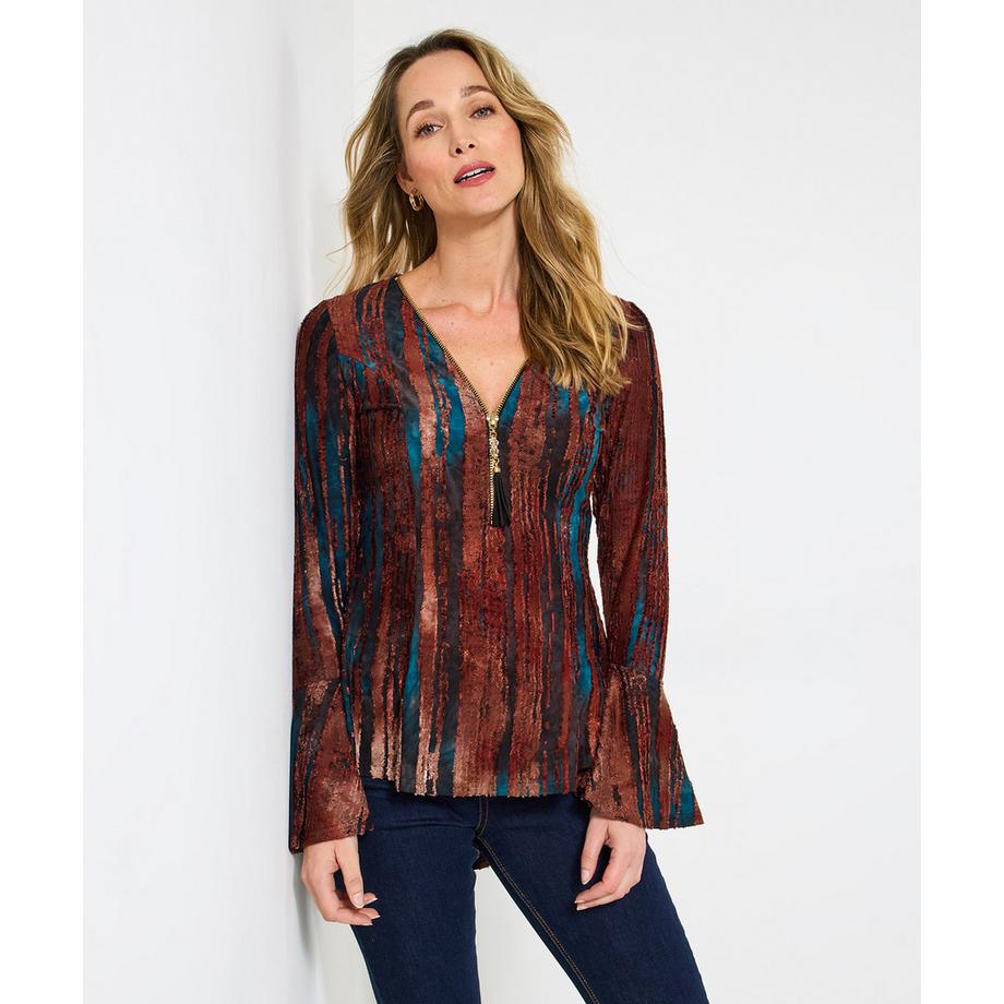 Top mit Kontrastspitze, Trompetenärmeln und Frontreißverschluss