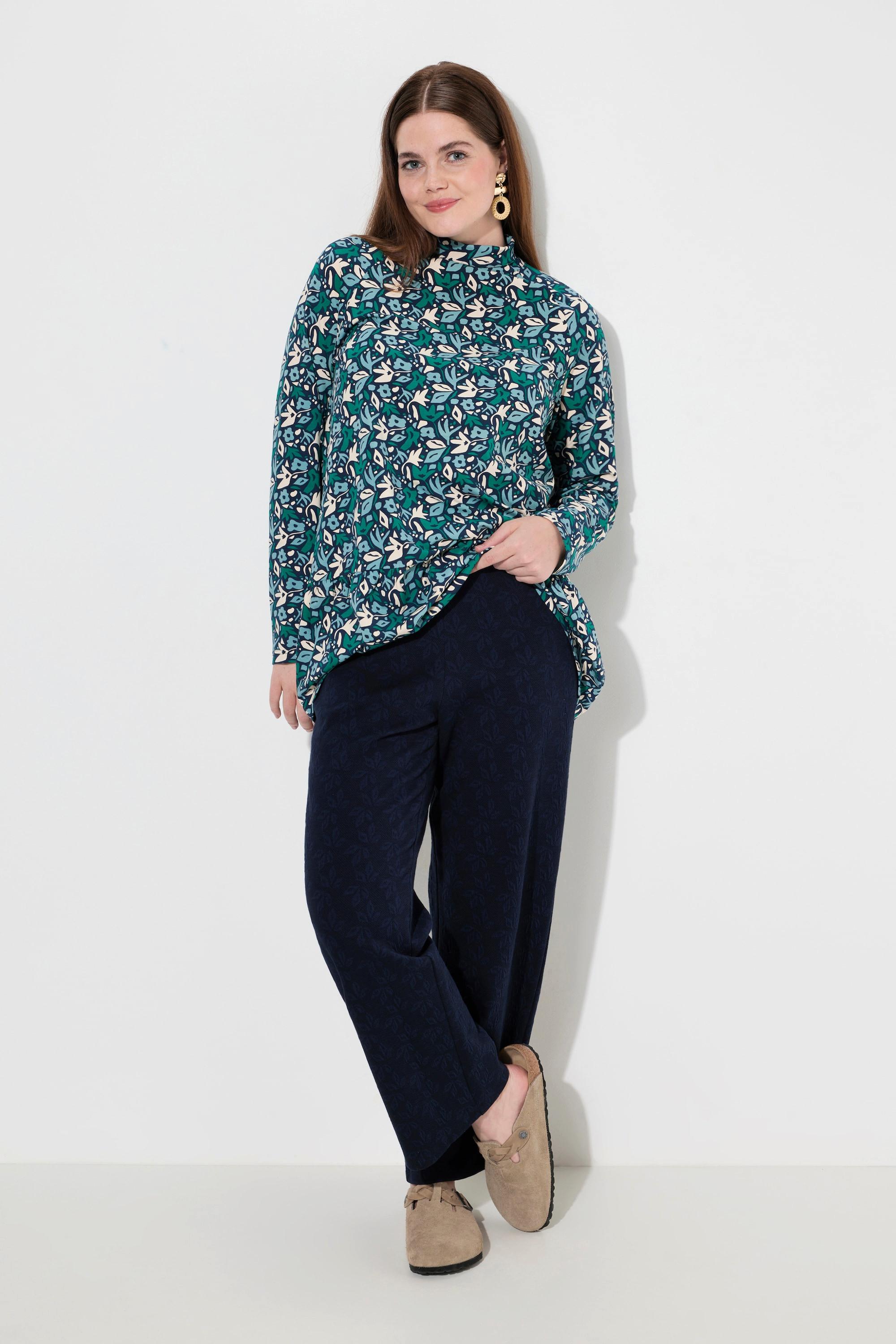 Ulla Popken Rose Foglie Gamba Larga Cotone Biologico Pantaloni Felpa  